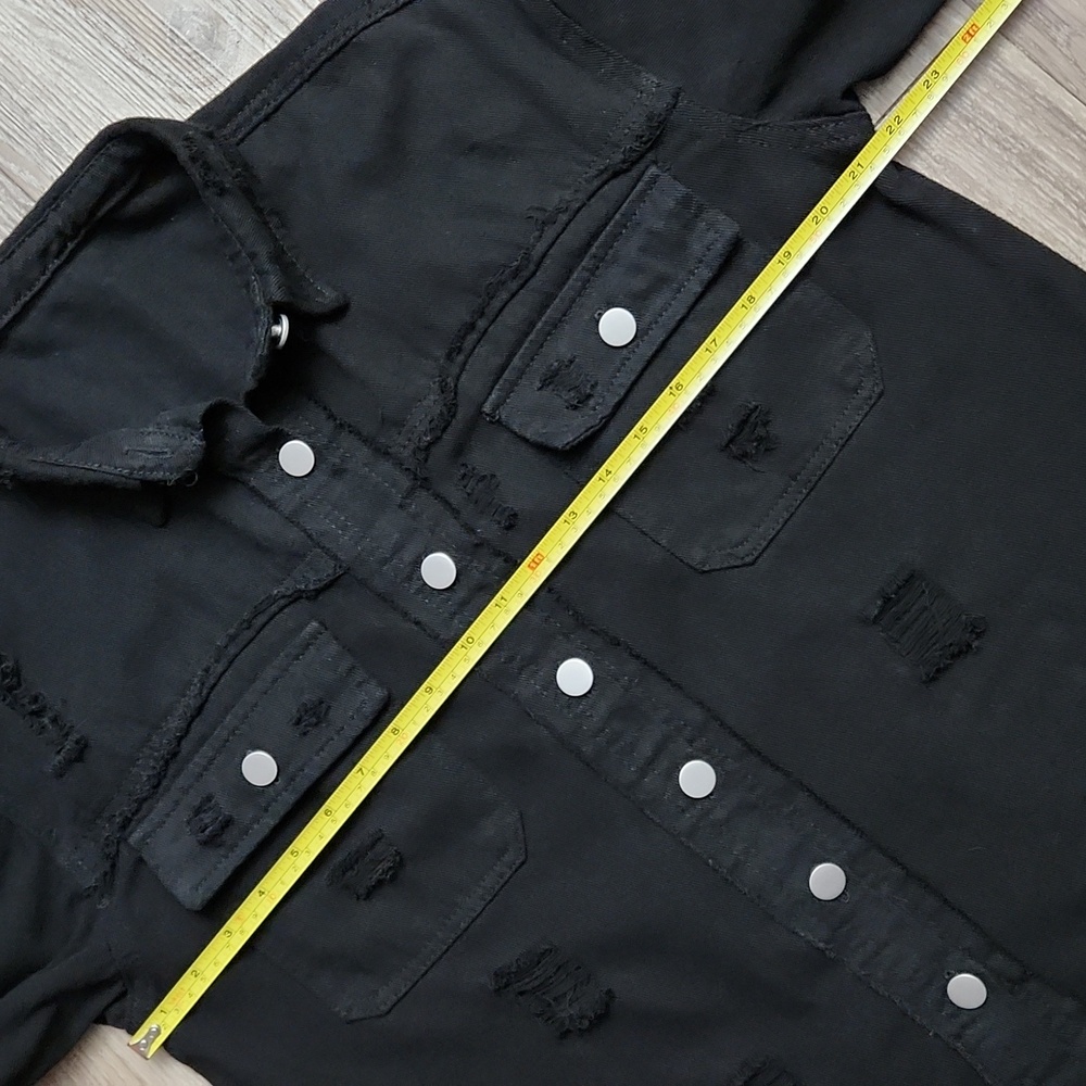 Black Distressed Denim Button Down Women's Medium Trendy Casual Jacket - Picture 12 of 16
